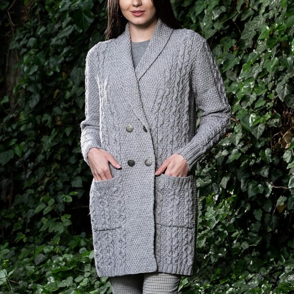 SAOL 100% Irish Merino Wool Ladies Shawl Collar Cardigan Coat with Pockets Large